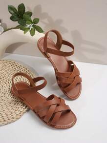 Women Casual Flat Sandals, Open Toe Summer Shoes, Lightweight Elastic Band Slippers - Rust Brown - View 5