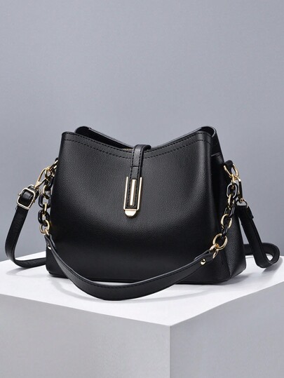 Fashionable Solid Color Women Handbag, Women Chain Shoulder Bag, Women PU Leather Shoulder Bag & Phone Wallet, Bucket Wallet