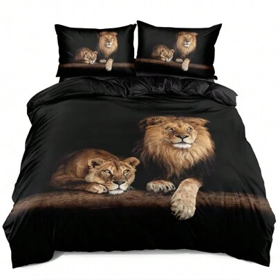 2/3 piezas Juego de ropa de cama con estampado 3D de león, sábana y funda de almohada negras, tamaño super king, juego de ropa de cama con diseño animal, textil para el hogar (Tamaño 135x200cm, incluye 1 funda de almohada solamente)