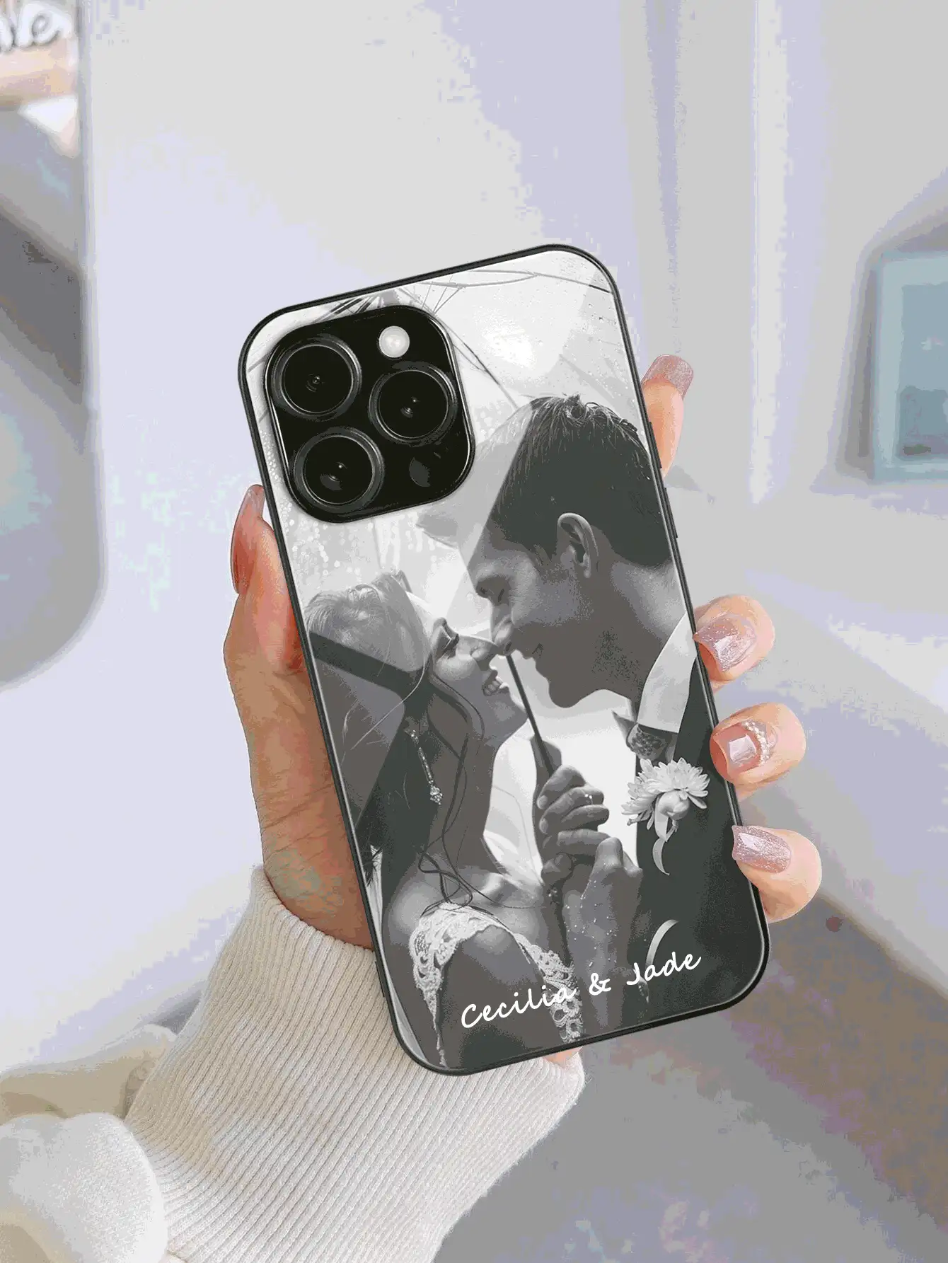 1 Personalized Custom Photo And Name Glass Phone Case Compatible With Apple 15 Pro Max/17 Pro Max/Air/16 Pro Max/18 Pro Max, S24 Ultra/ And Other Models - Black - View 3