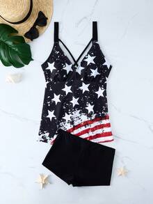 Women's USA Flag Print Two Pieces Swimwear Summer, 4th Of July - Black - View 3