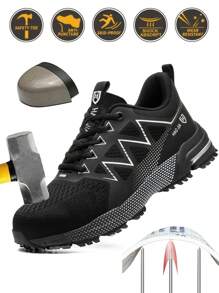 Men's Black Work Safety Shoes With Steel Toe Cap, Crush And Puncture Resistant, Comfortable And Breathable, Cushioned Shoes, Foot Protection And Guard Boots - Black - View 2