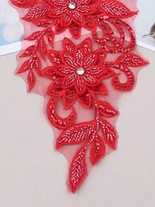 Colorful 3D Embroidery Applique With Beads For Wedding Dress Formal Dress Mesh Lace DIY Performing Clothing Accessories Embroidered Flower. Length: 31CM, Width: 16CM. - Bright Red - View 5