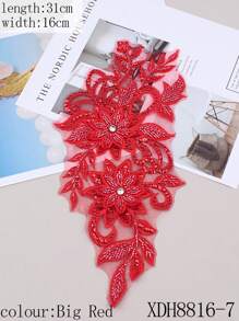 Colorful 3D Embroidery Applique With Beads For Wedding Dress Formal Dress Mesh Lace DIY Performing Clothing Accessories Embroidered Flower. Length: 31CM, Width: 16CM. - Bright Red - View 3