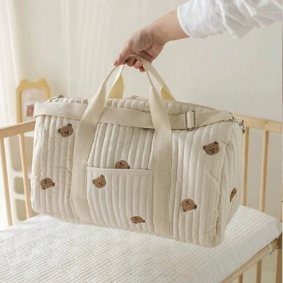 Large Capacity Bear Embroidery Diaper Bag, Lightweight And Portable Maternal And Child Storage Handbag