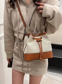 2024 New Women Canvas Color-Blocked Bucket Bag With Drawstring Handle, Great Texture And Versatility As Satchel, Shoulder Or Crossbody Bag - Brown - View 3