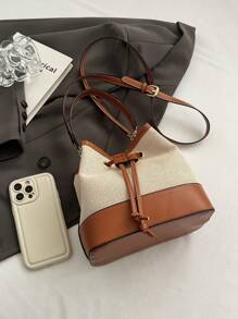 2024 New Women Canvas Color-Blocked Bucket Bag With Drawstring Handle, Great Texture And Versatility As Satchel, Shoulder Or Crossbody Bag - Brown - View 7
