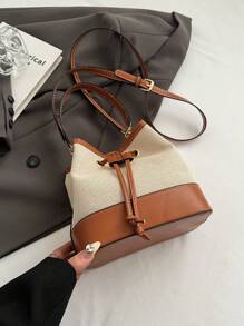 2024 New Women Canvas Color-Blocked Bucket Bag With Drawstring Handle, Great Texture And Versatility As Satchel, Shoulder Or Crossbody Bag - Brown - View 6