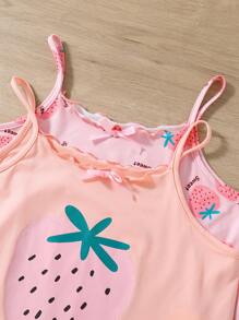 Tween女孩公主優雅甜美風格草莓印花兩套睡衣連衣裙，舒適休閒兩套睡衣連衣裙 - 粉色 - 查看 3