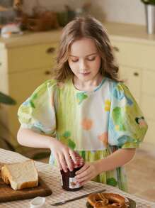 1 pièce Robe d'été pour filles avec imprimé coloré graffiti et manches bouffantes, stylée pour les enfants