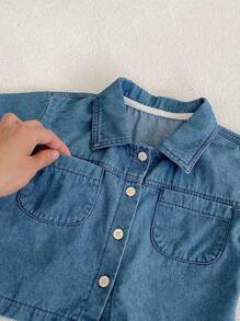女婴夏季新款时尚百搭服装套装，短袖牛仔口袋上衣和平角短裤，2 件/套 - 寶藍色 - 查看 7