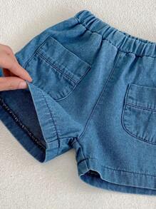 女婴夏季新款时尚百搭服装套装，短袖牛仔口袋上衣和平角短裤，2 件/套 - 寶藍色 - 查看 5