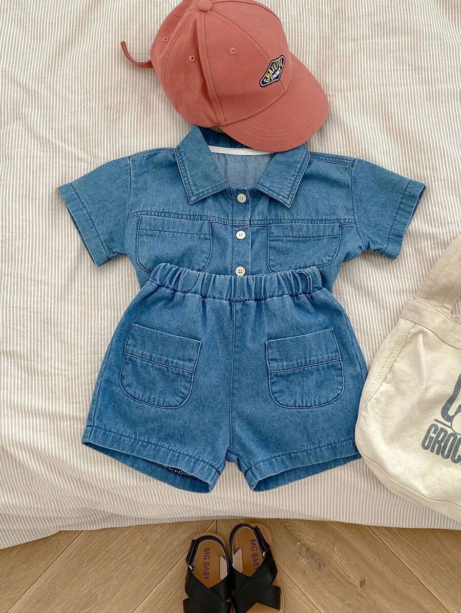 女婴夏季新款时尚百搭服装套装，短袖牛仔口袋上衣和平角短裤，2 件/套 - 寶藍色 - 查看 1