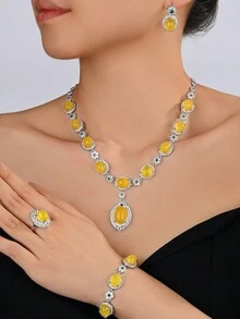 歐美風格白色鋯石四件式珠寶套裝,迪拜新娘婚禮阿拉伯晚禮服黃色項鍊耳環戒指和手鏈套裝 - 黃色 - 查看 2