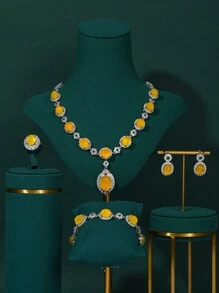 歐美風格白色鋯石四件式珠寶套裝,迪拜新娘婚禮阿拉伯晚禮服黃色項鍊耳環戒指和手鏈套裝 - 黃色 - 查看 1