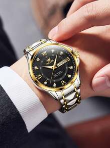 OLEVS. OLEVS Men's Waterproof Watches Stainless Steel Waterproof Chronograph Wrist Watches Luxury Dress White Luminous Big Face Analog Quartz Male Watches - 金黑 - 查看 3