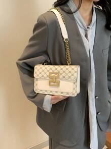 复古花朵单肩链条女包，新款时尚女士方形包经典包（金色调金属锁，百搭花朵材质，适合气质优雅的美丽女士） - 米色 - 查看 4