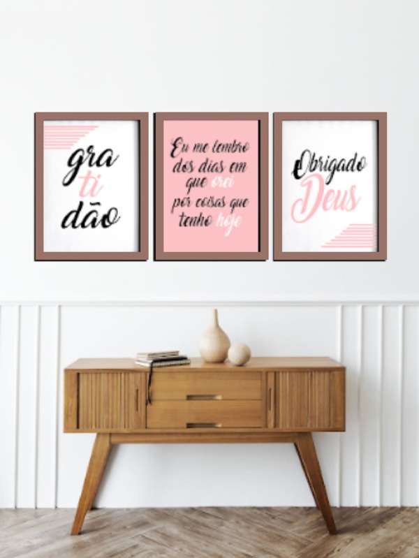 Kit de Quadros Decorativos - Frases de Gratidão - Conjunto de 3