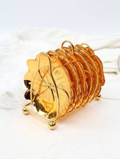 1 Set (6pcs) Creative Restaurant Dessert Plate Set With Stand, Iron Lotus Shaped Plate, Gold Coffee & Tea Cup Dish, Towel Tray Decoration