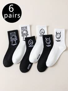 6雙女士有趣表情黑白中筒襪 - 黑與白 - 查看 1