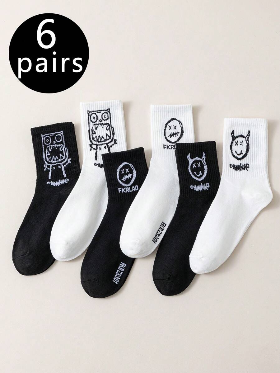 6雙女士有趣表情黑白中筒襪 - 黑與白 - 查看 1