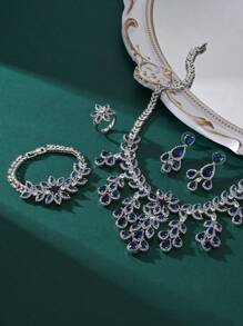 4件铜方晶锆石花朵流苏首饰套装 - 项链、耳环、戒指、手链。蓝锆石。适合新娘、婚礼、派对、礼物