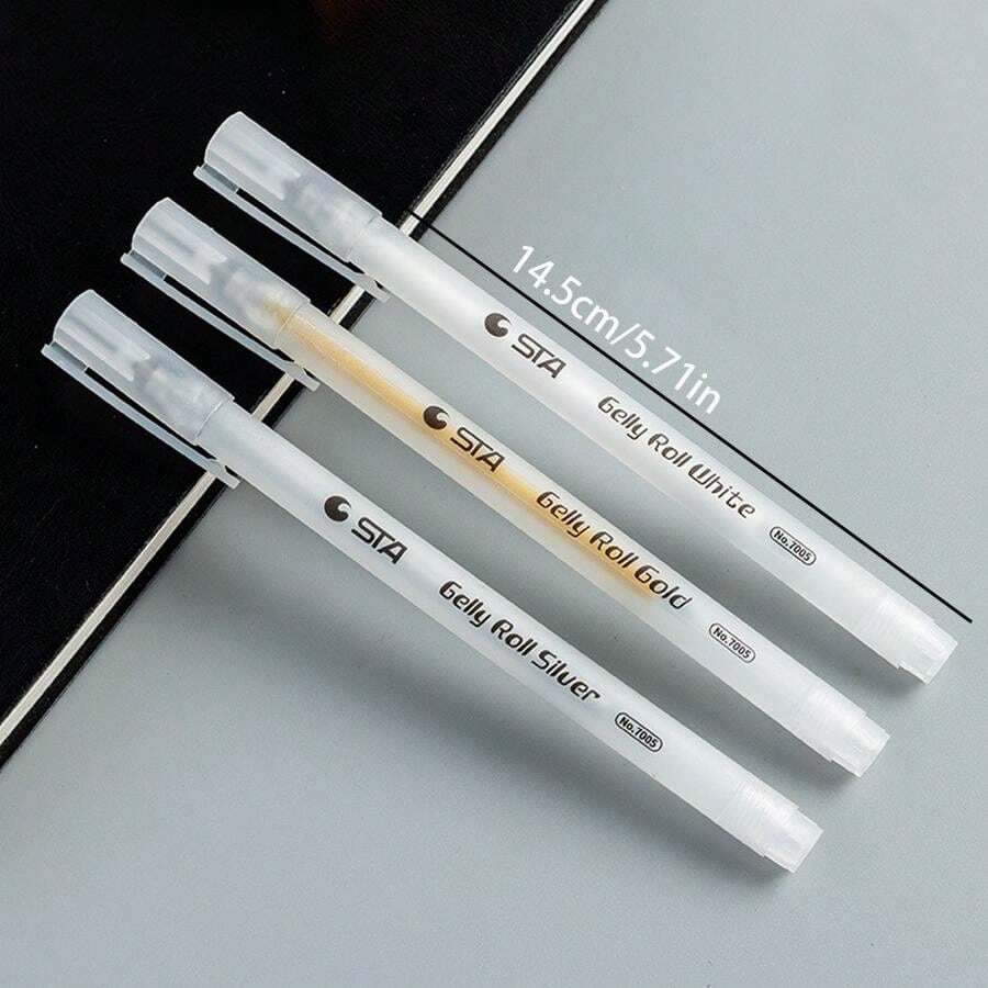 3pcs Gold, Silver & White Jumbo Capacity Neutral Ink Pens, Waterproof