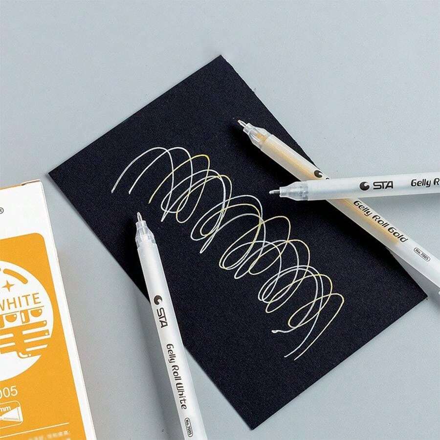 3pcs Gold, Silver & White Jumbo Capacity Neutral Ink Pens, Waterproof