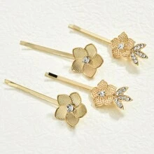 1pc Gold-Color Metal Crystal Rhinestone Leaf Hair Clip, High-Quality Pearl Flower Side Bangs Hairpin, Elegant And Charming Accessory - Black and White - View 5