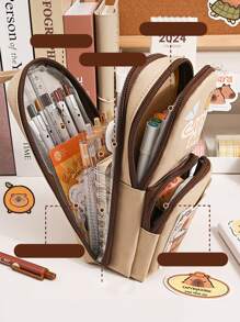 1入組可愛卡通多層文具筆盒，布質拉鍊式大開口學生文具收納袋，多功能掛勾防髒筆盒