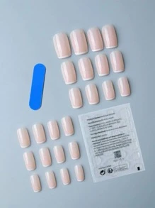 Realza tu apariencia con 24 piezas de uñas cuadradas cortas con líneas blancas y francesa en tono nude, adecuadas para que las mujeres y las niñas las usen diariamente. - Multicolor - Ver 2