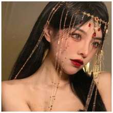 1 件水滴帽头饰珠宝复古汉服头饰帽头饰带流苏适合伴娘婚礼舞台头饰女巫万圣节 - 紅色 - 查看 2