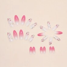 24片可爱杏仁形花朵美甲贴纸，粉色渐变花朵美甲，浪漫春日少女风，可卸式按压假指甲，包含果冻胶和指甲锉，适合女性和女孩日常佩戴 - 彩色 - 查看 3