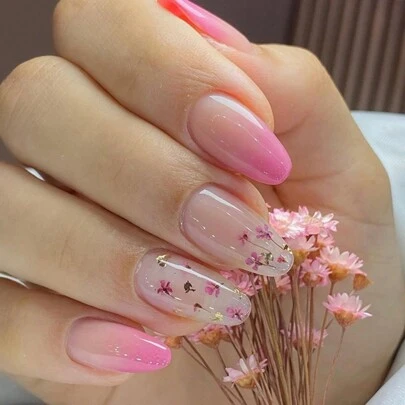 24 piezas de uñas postizas con diseño de flores de almendra lindas, arte de uñas con degradado rosa floral, estilo romántico de primavera para chicas, uñas postizas desprendibles con pegamento de gelatina y lima de uñas, adecuadas para uso diario por mujeres y niñas