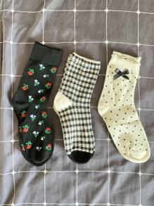 3 đôi tất dài đến giữa bắp chân thời trang dành cho nữ có họa tiết chấm bi, nơ, kẻ sọc và hoa đa năng - Nhiều màu - Xem 2