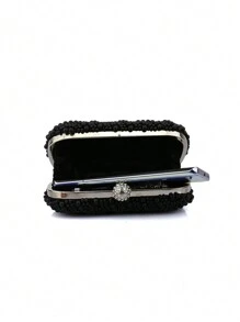 小巧優雅的純色手工珠子環扣硬盒正方形手持晚禮服手提包，適用於正式場合 - 黑色 - 查看 9