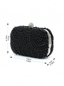 小巧優雅的純色手工珠子環扣硬盒正方形手持晚禮服手提包，適用於正式場合 - 黑色 - 查看 10