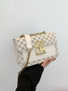 复古花朵单肩链条女包，新款时尚女士方形包经典包（金色调金属锁，百搭花朵材质，适合气质优雅的美丽女士） - 米色 - 查看 8