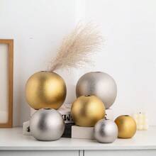1pc Vintage Ceramic Spherical Vases - Golden And Silver Finish, Perfect For Home Decor - Multicolor - View 1