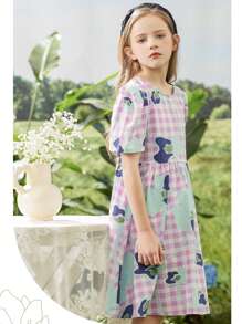 1 pièce Robe casual imprimée avec manches plissées pour filles pré-adolescentes, été