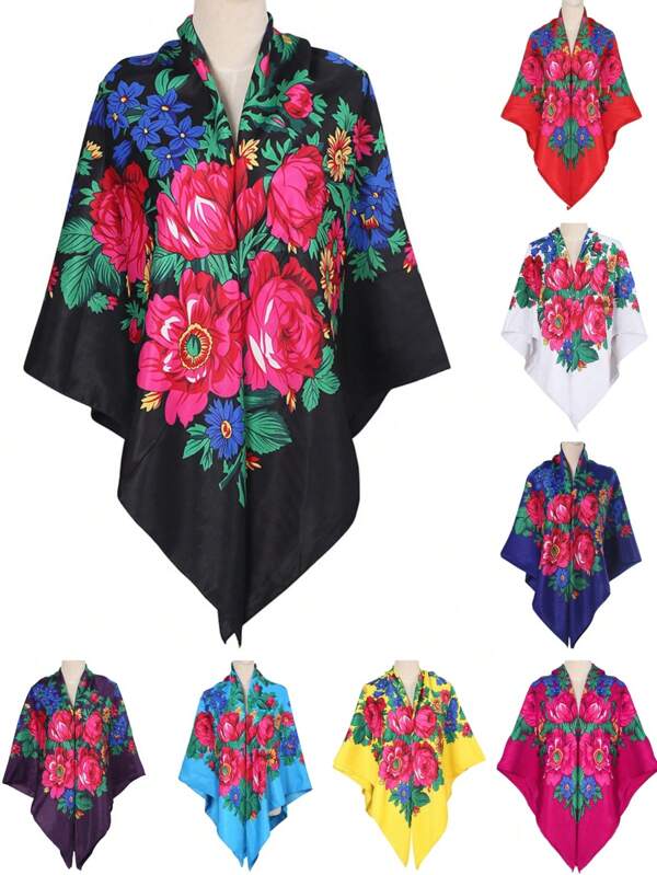 Châle vintage ample et lâche à imprimé floral pour femme, cache-maillot de plage traditionnel à grandes fleurs de pivoine colorées, écharpe de protection solaire de mode pour plage d'été et resort