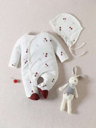 2 件套新生儿女婴樱桃印花全印花可爱长袖连体衣带帽，基本款家居服