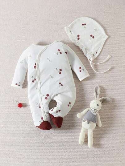 2pcs Set Newborn Baby Girl Cherry Print Full-Print Cute Long Sleeve Romper With Hat, Basic Style Home Outfit