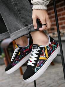 男士時尚塗鴉帆布休閒鞋,帶對比色全掌,前綁帶設計 - 黑色 - 查看 10