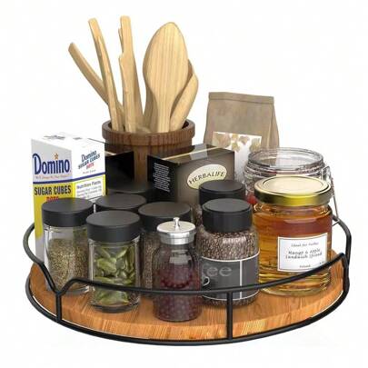 1pc 9/12 Inch Rotating Solid Wood Tray Kitchen Organizer Shelf Slouchy Susan Storage Rack Made Of Acacia Wood With Steel Side Basket For Tabletop/Cabinet Storage Box