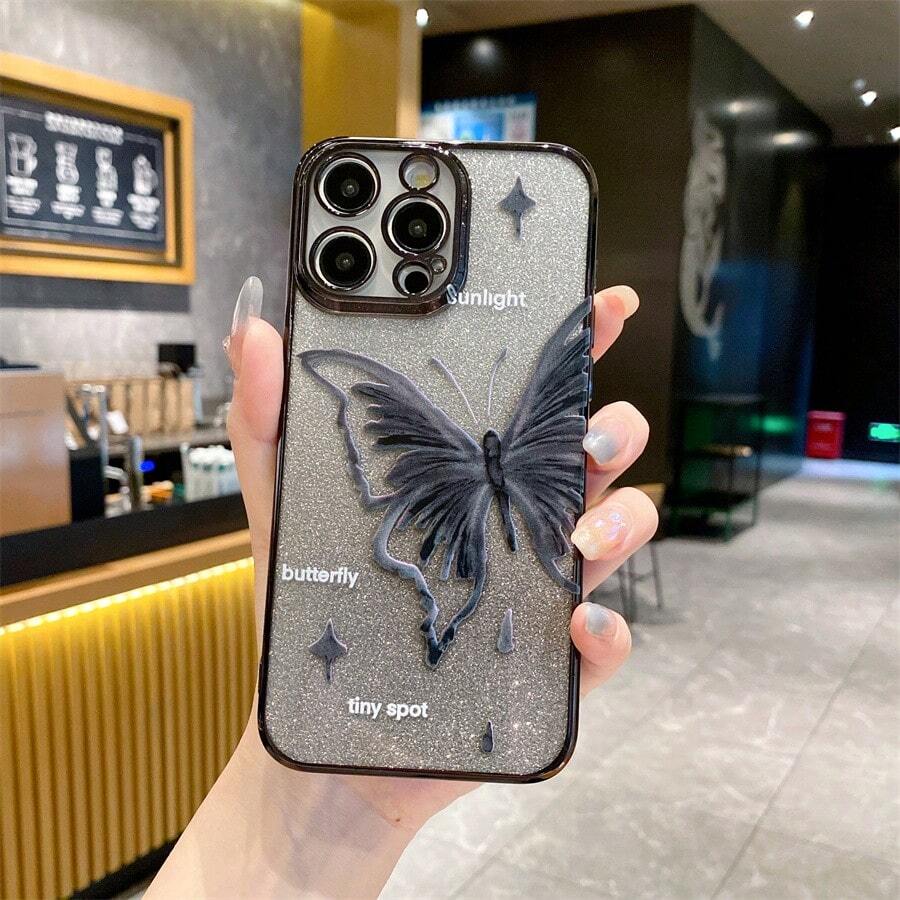 Glitter Star, Alphabet, And Butterfly Pattern Plating Soft Phone Case Compatible With Xiaomi POCO Redmi, Fashionable Multi-Color Sparkling Soft Silicone Protective Cover For Girls, Anti-Drop Shockproof Case - Electroplated Glitter Black + Painted Stars and Butterflies - View 1
