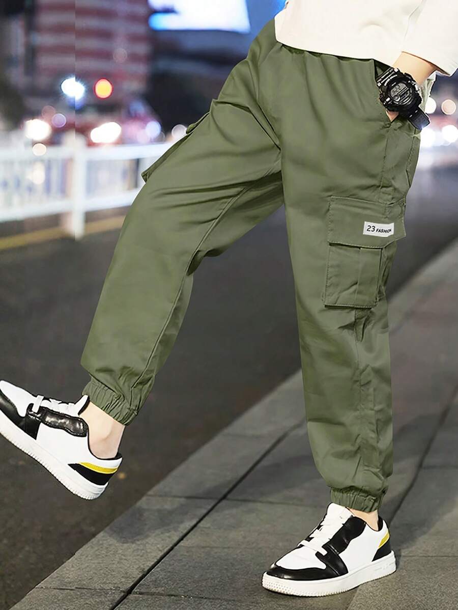 1pc Tween Boys Casual Sports Outdoor Pocket Cargo Pants, Solid Color Fleece Knit Straight Leg Trousers, Thick Warm For Spring Autumn Winter - Army Green - View 1