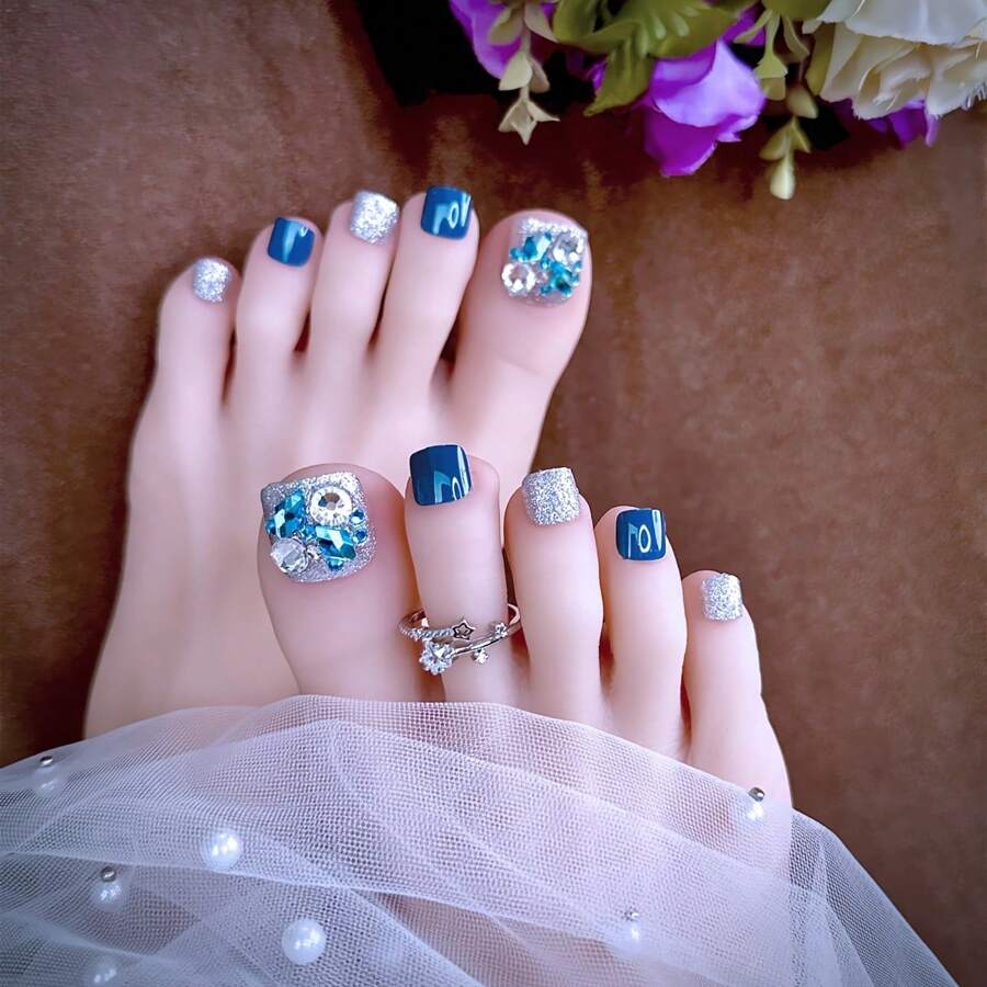 Niebieskie kryształki nadające się do noszenia naklejki na paznokcie u stóp, 24 szt./pudło, zdejmowane, modne letnie ozdoby do paznokci na paznokcie materiały do paznokci - Królewski Niebieski - Zobacz 1