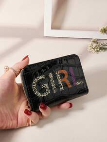 女孩、亲吻、女士、爱、漂亮、甜美、老师、工作、年轻、字母鳄鱼压纹翻盖宝石压纹、时尚印花拉链小钱包多卡位卡片收纳袋用于存储信用卡、轻便、多层便携式、身份证、钱信用卡极简主义、时尚、现代、商务、周年纪念、生日礼物、礼物、情侣、女士、女士、学校用品包、宿舍和返校 - 黑色 - 查看 14