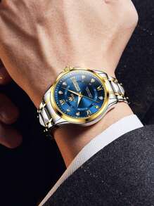 OLEVS. OLEVS Men's Waterproof Watches Stainless Steel Waterproof Chronograph Wrist Watches Luxury Dress White Luminous Big Face Analog Quartz Male Watches - 金藍色 - 查看 4